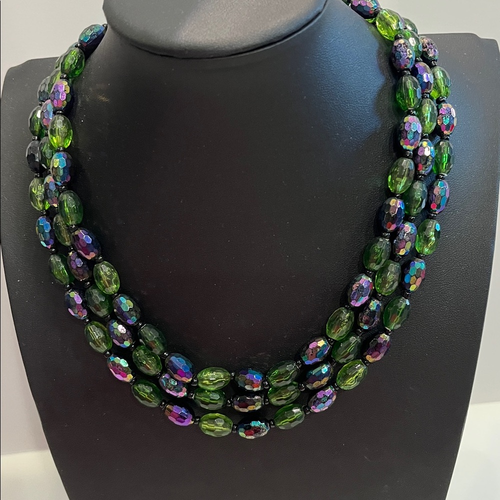 Vintage Aurora Borealis 3 Strands of Green & Purple. Beads. West Germany.